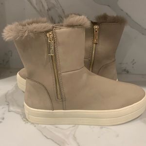 Taupe , fur lined ,platform sneaker booties , size 8. Never worn